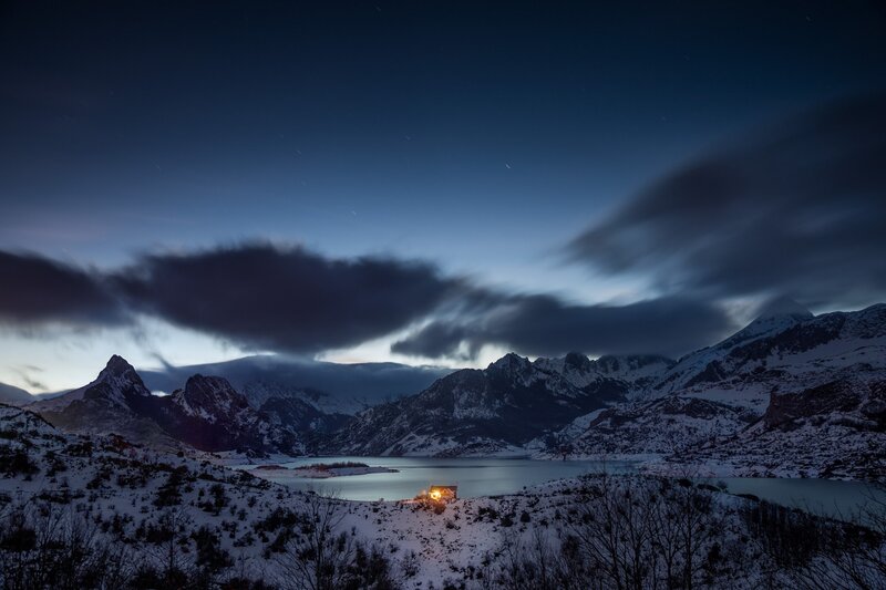 Cabin by Frozen Lake — Blue, Serene, Night