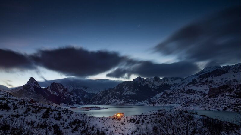 Cabin by Frozen Lake