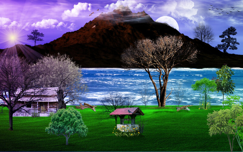 Cabin by Lake and Mountain — Green