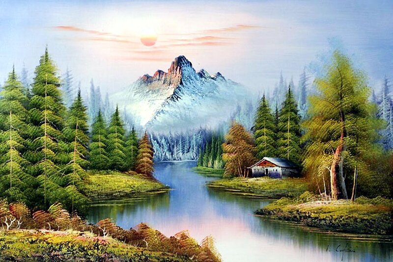 Cabin by Lake and Mountain