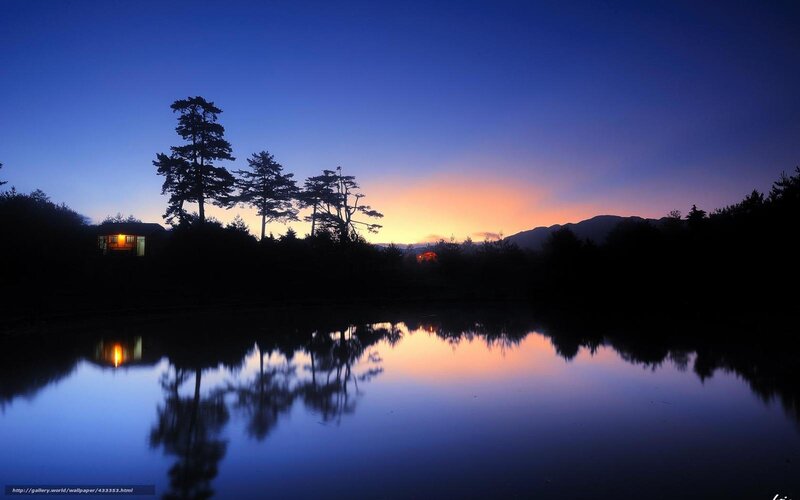 Cabin by Lake at Dusk — Blue, Serene, Sunset, Photograph