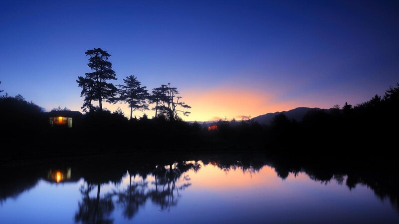 Cabin by Lake at Dusk — Blue, Serene, Sunset