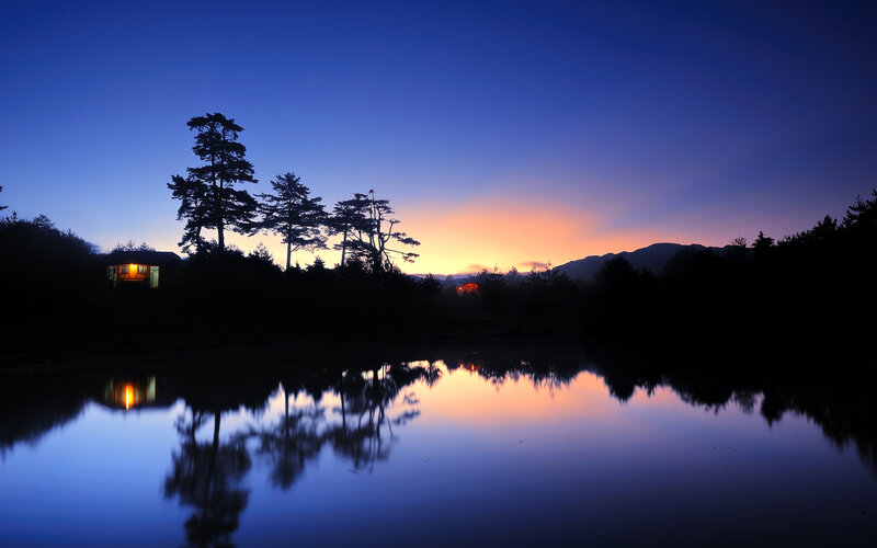 Cabin by Lake at Dusk — Blue, Serene