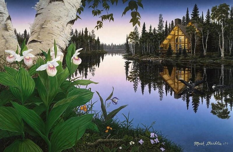 Cabin by Lake at Dusk — Blue