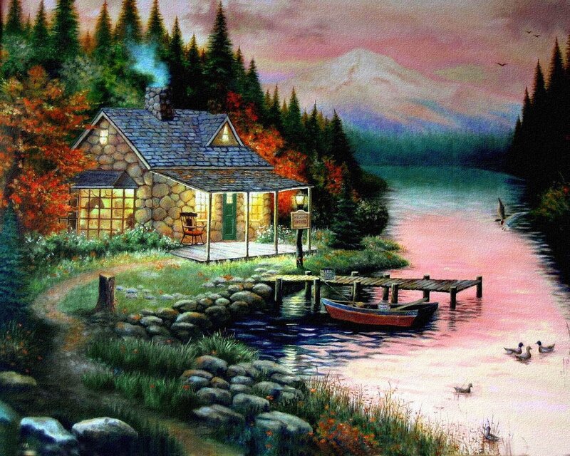 Cabin by Lake at Dusk — Pink