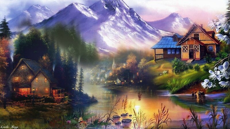 Cabin by Lake at Dusk — Purple, Serene