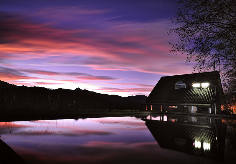 Cabin by Lake at Dusk — Purple