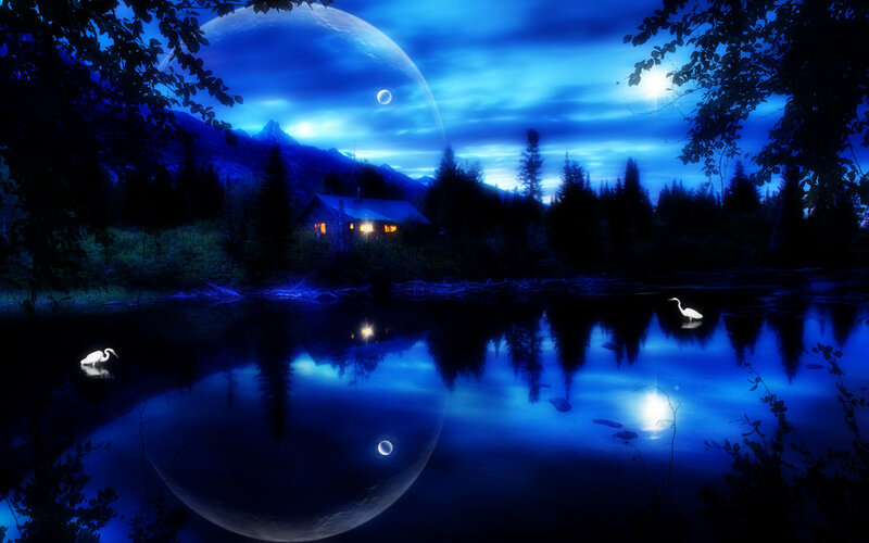 Cabin by Lake at Night — Blue, Serene, Digital Art