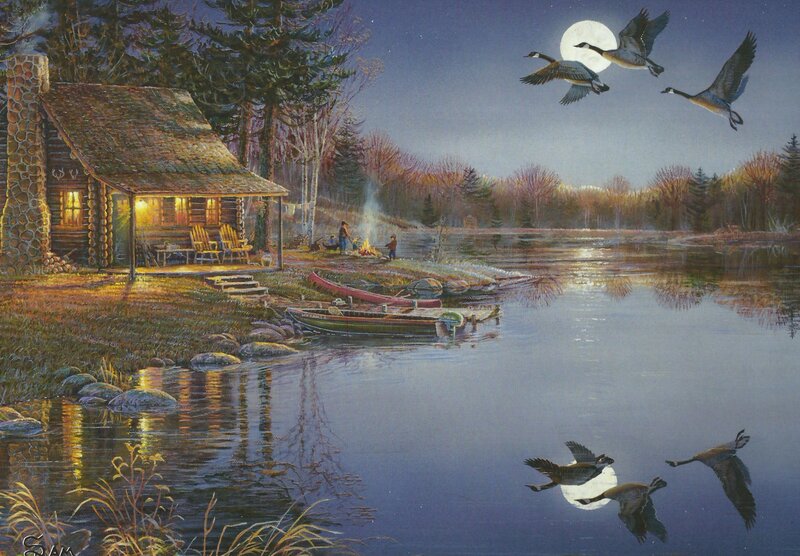 Cabin by Lake at Night — Blue, Serene, Painting, Geese