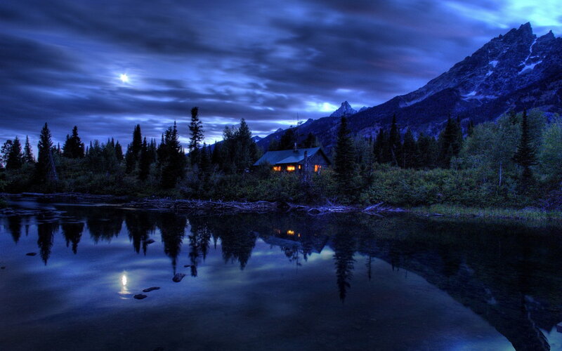 Cabin by Lake at Night — Blue, Serene, Photograph, Mountains