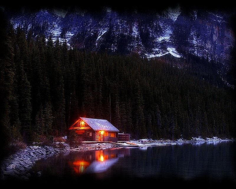 Cabin by Lake at Night — Blue, Serene