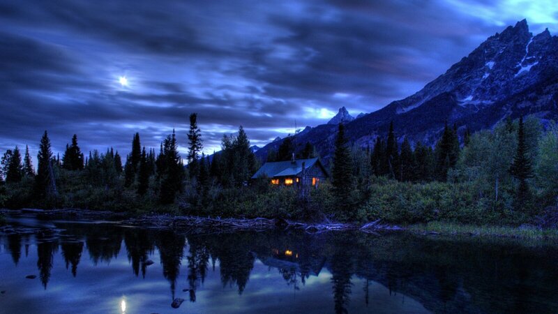 Cabin by Lake at Night — Blue