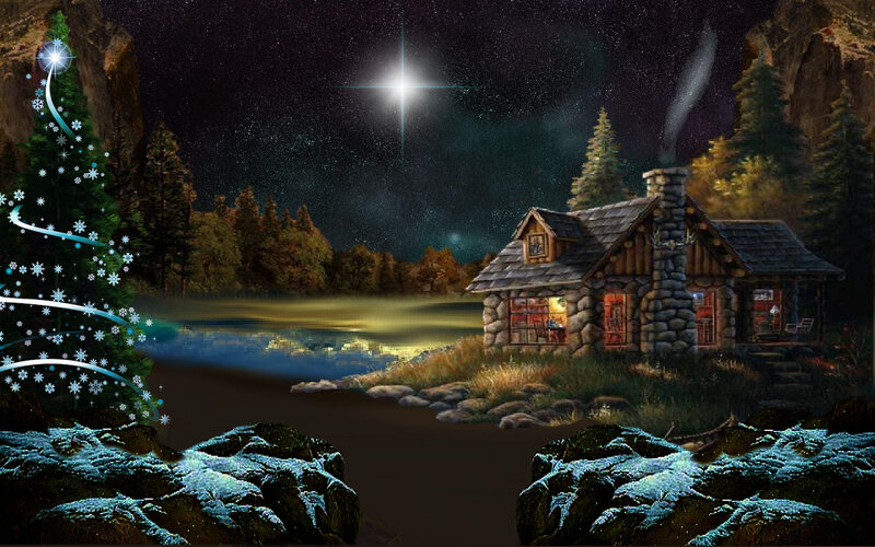 Cabin by Lake at Night — Dark Blue