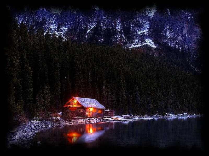 Cabin by Lake at Night