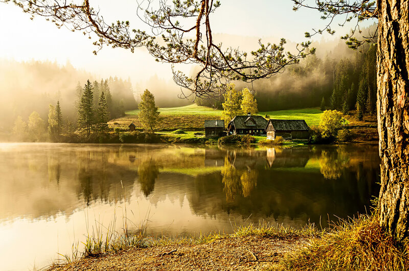 Cabin by Lake at Sunrise