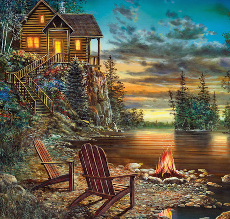Cabin by Lake at Sunset — Blue, Serene