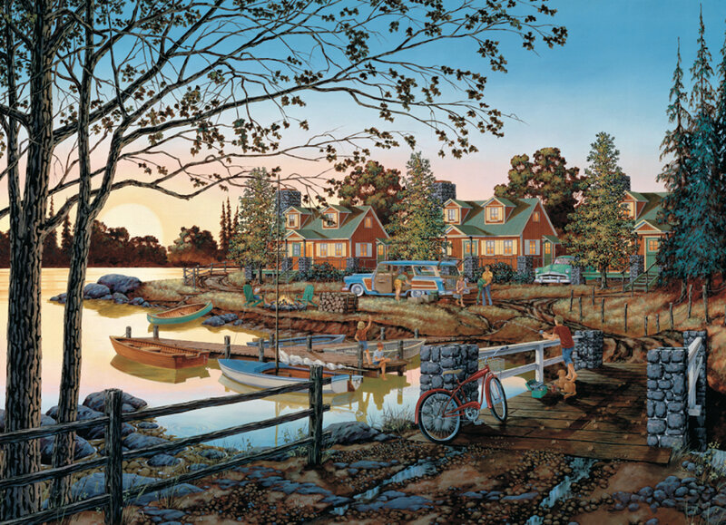 Cabin by Lake at Sunset — Blue