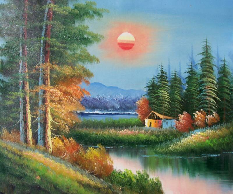 Cabin by Lake at Sunset — Green