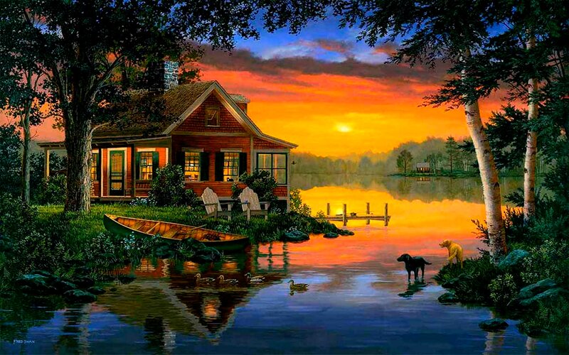 Cabin by Lake at Sunset — Orange, Serene