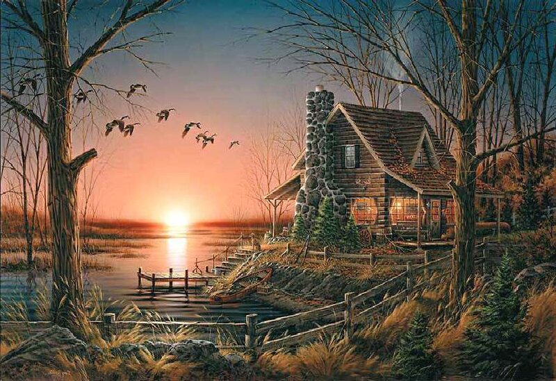 Cabin by Lake at Sunset — Orange