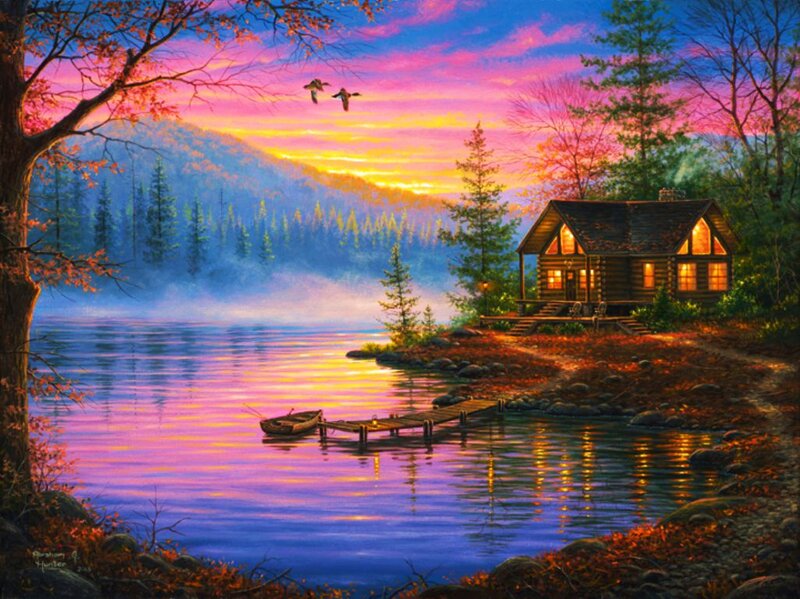 Cabin by Lake at Sunset — Purple