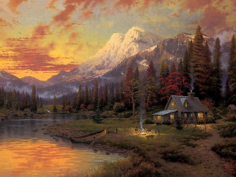 Cabin by Lake at Sunset