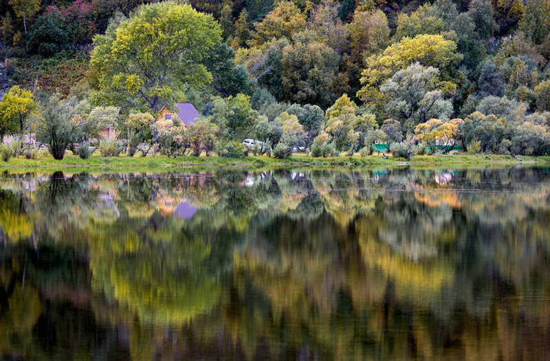 Cabin by Lake — Green, Serene, Autumn