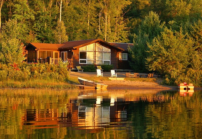 Cabin by Lake — Green, Serene, Sunset