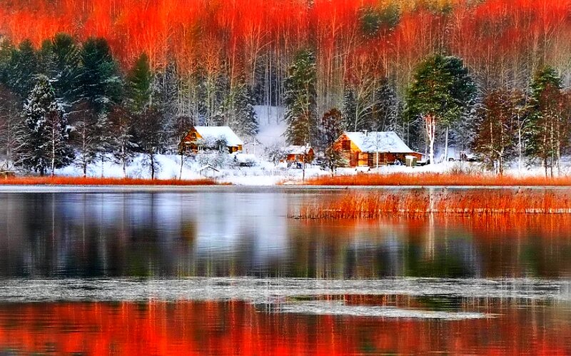 Cabin by Lake in Autumn
