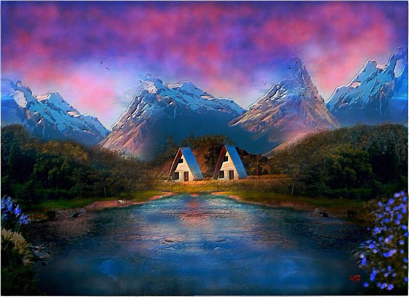 Cabin by Lake in Mountains — Purple