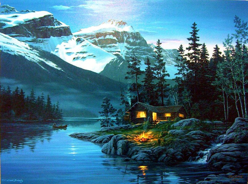 Cabin by Mountain Lake — Blue, Serene, Night