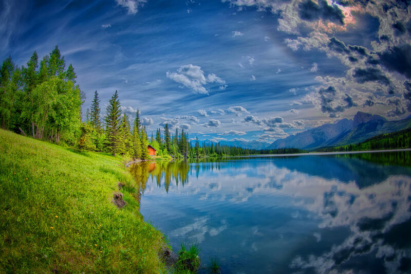 Cabin by Mountain Lake — Blue, Serene