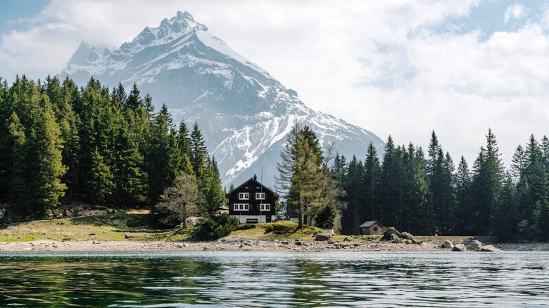 Cabin by Mountain Lake — Green, Serene