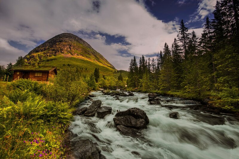 Cabin by Mountain Stream — Green, Dramatic