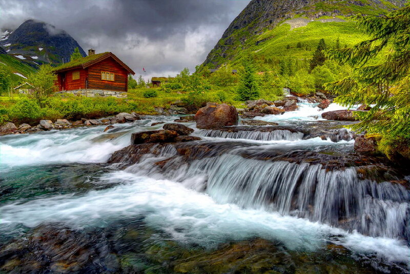 Cabin by Mountain Stream — Green