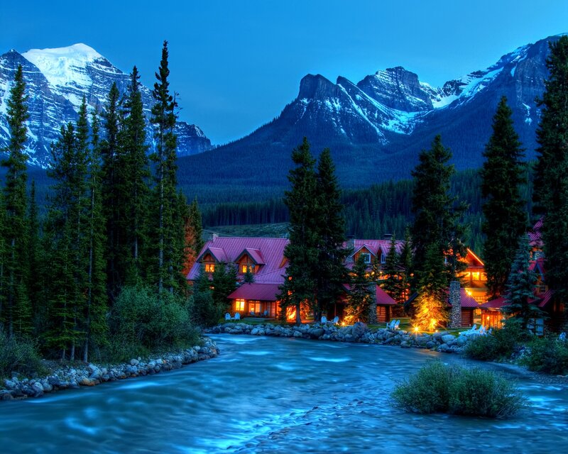 Cabin by River at Dusk — Blue, Serene, Night
