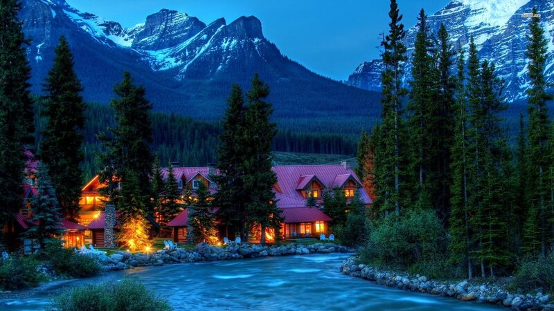 Cabin by River at Dusk — Blue, Serene