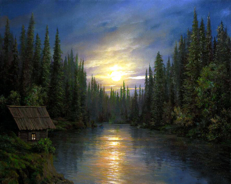 Cabin by River at Dusk — Blue