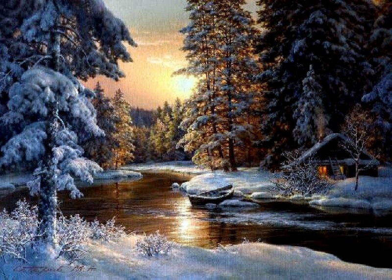 Cabin by River in Winter