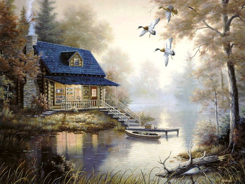 Cabin by the lake at dawn