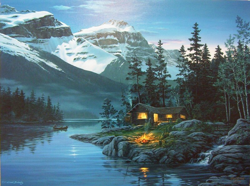 Cabin by the lake at dusk
