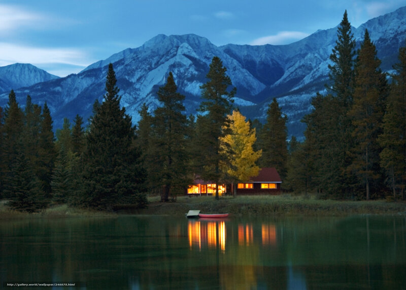 Cabin by the lake at dusk