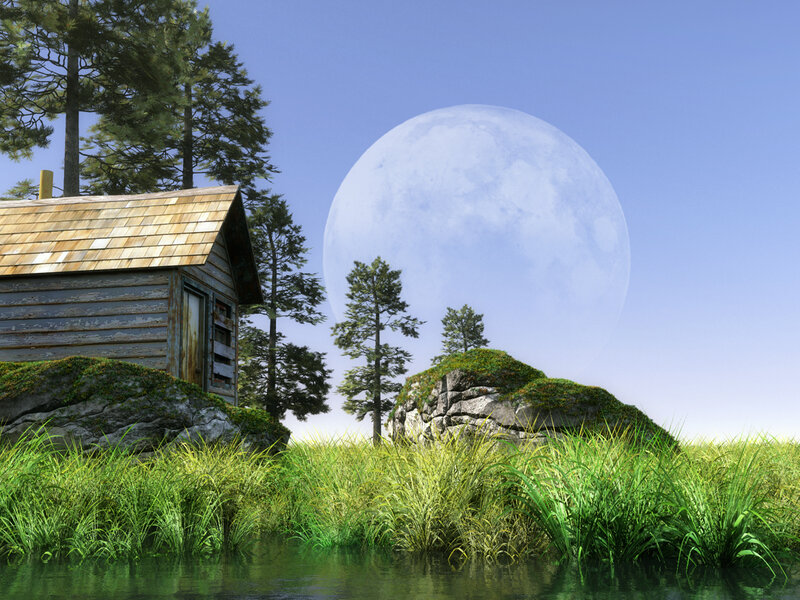 Cabin by the lake at moonrise