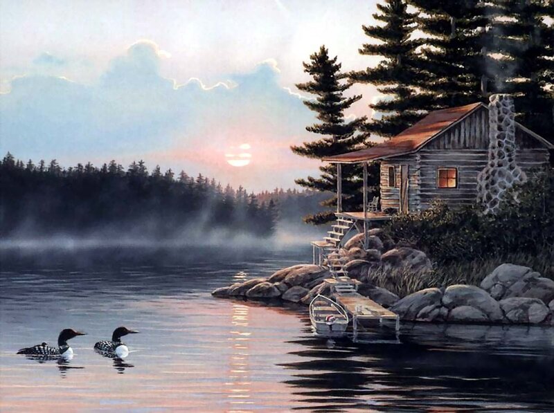 Cabin by the lake at sunrise
