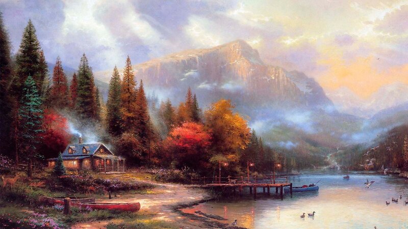 Cabin by the lake at sunset
