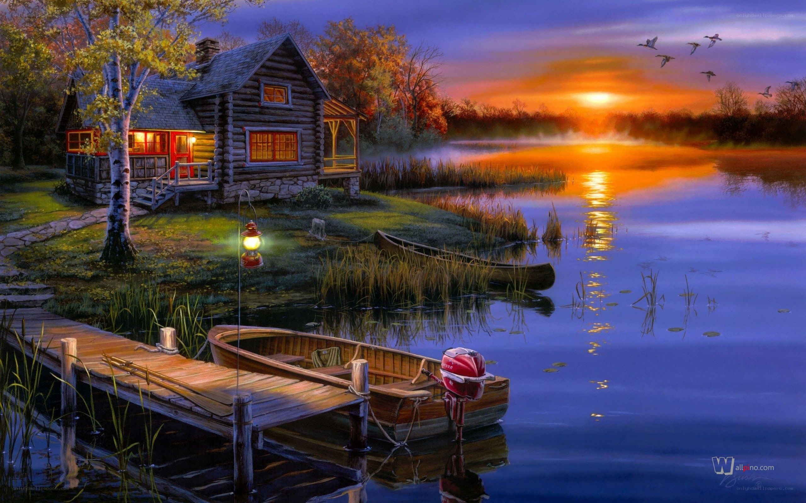 Cabin by the lake at sunset