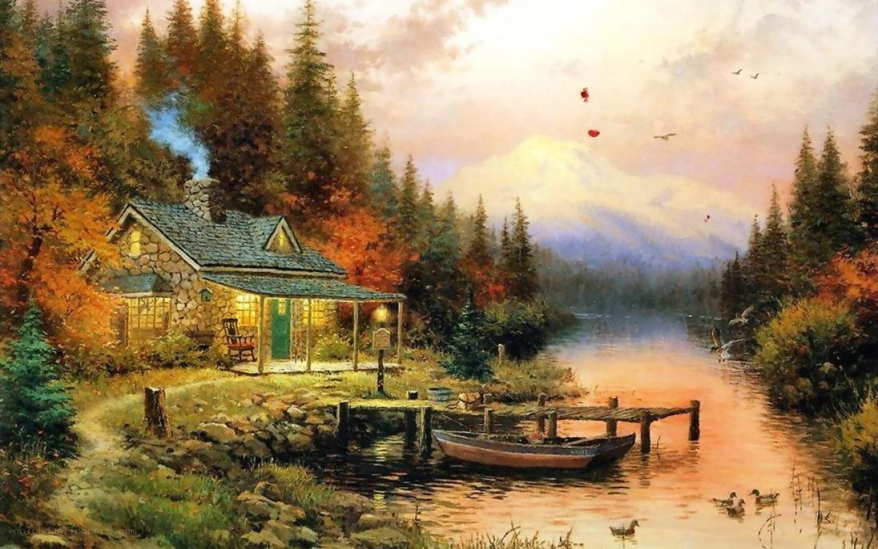 Cabin by the lake at sunset