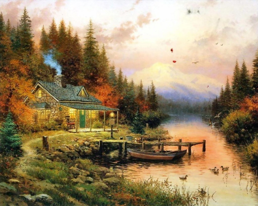 Cabin by the lake at sunset