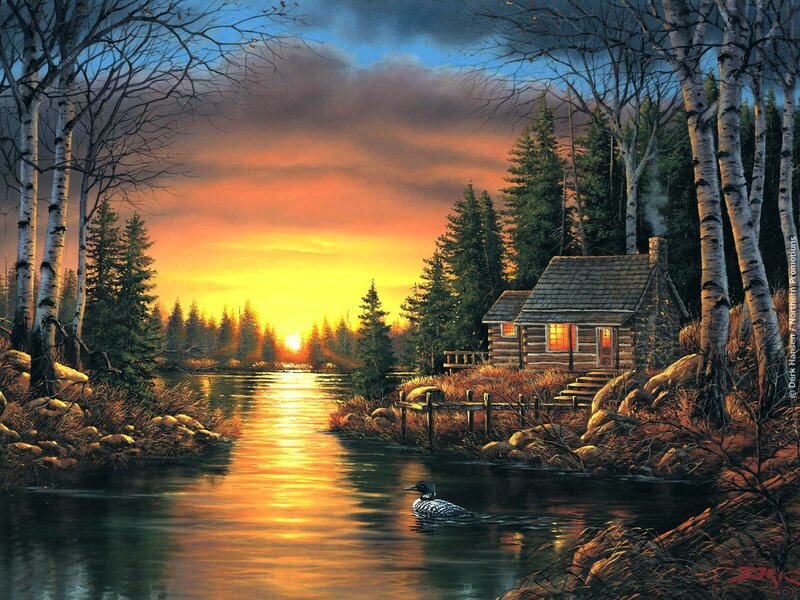 Cabin by the lake at sunset