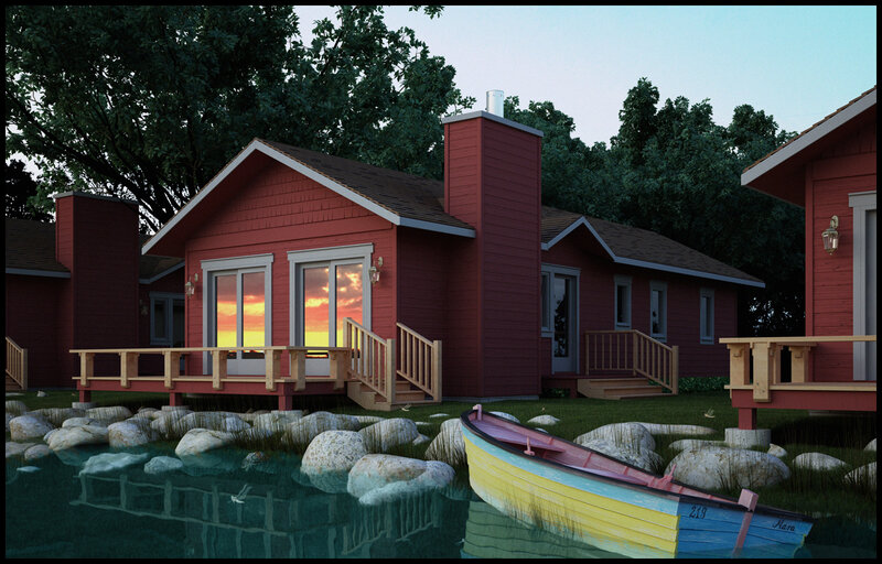 Cabin by the lake at sunset